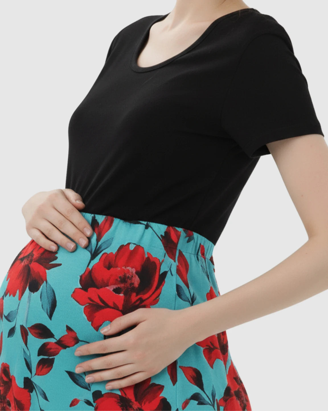 Asymmetric-Floral Vintage Maternity Midi Dress