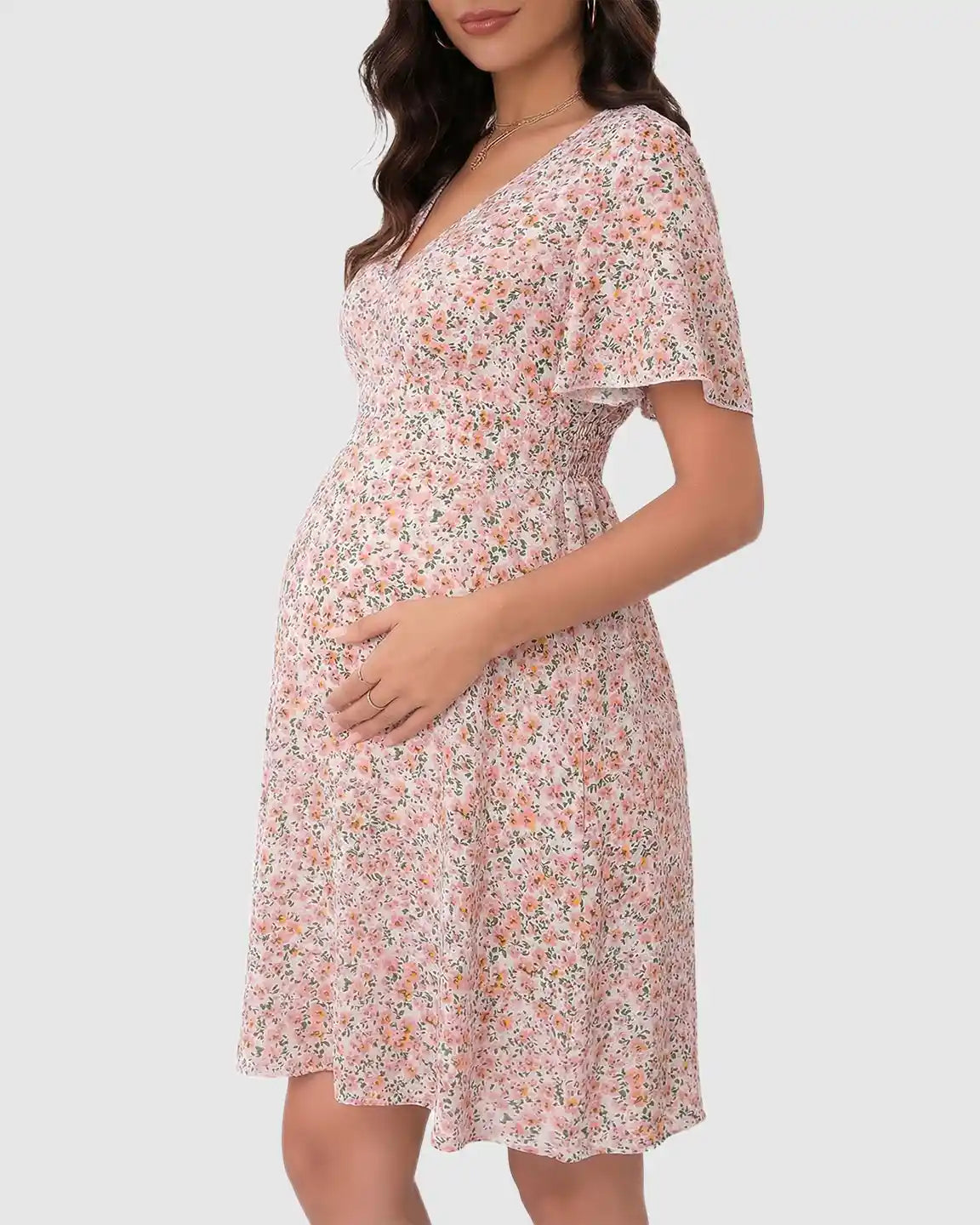 Flounce-Sleeve Floral A-Line Maternity Mini Dress
