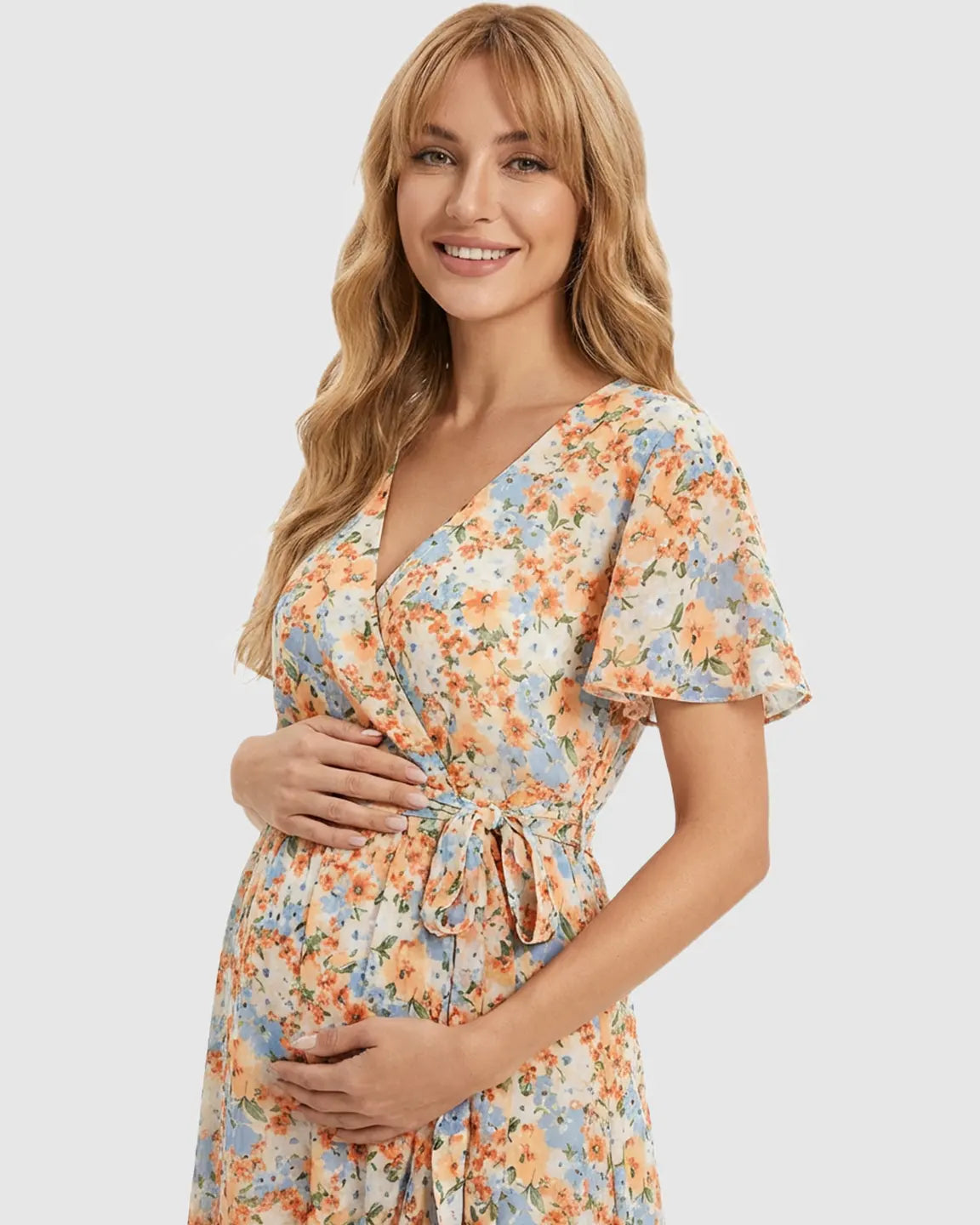 Flowy Floral Wrap Maternity Midi Dress