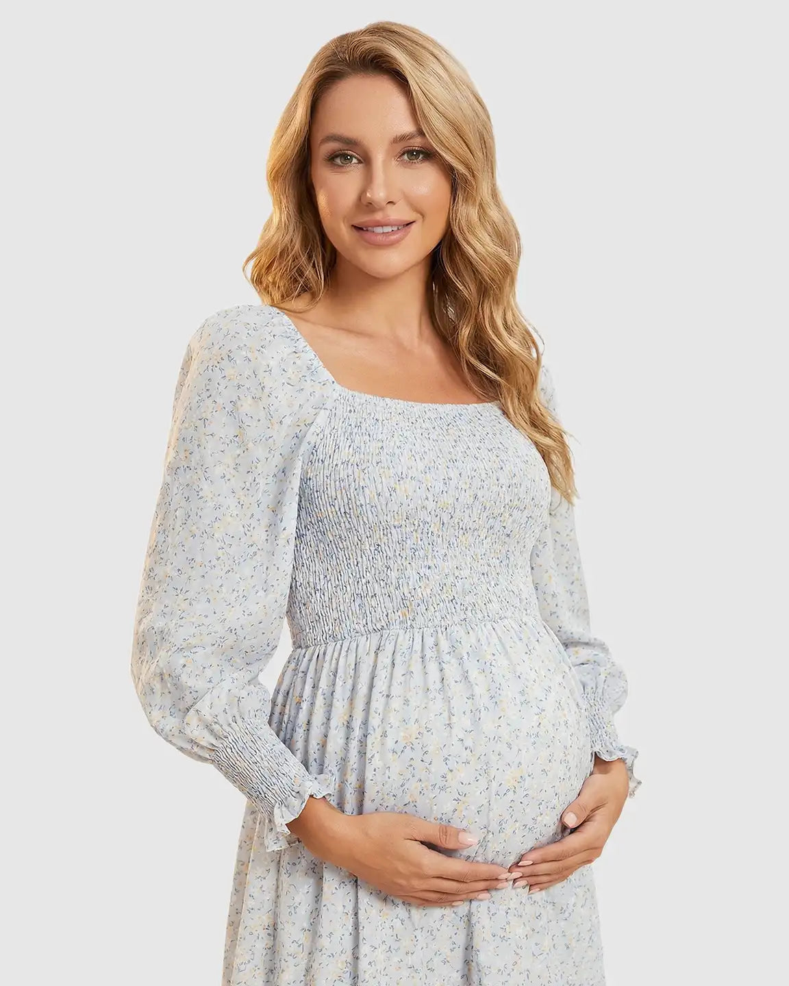 Smocked Floral Long Sleeve Maternity Midi Dress