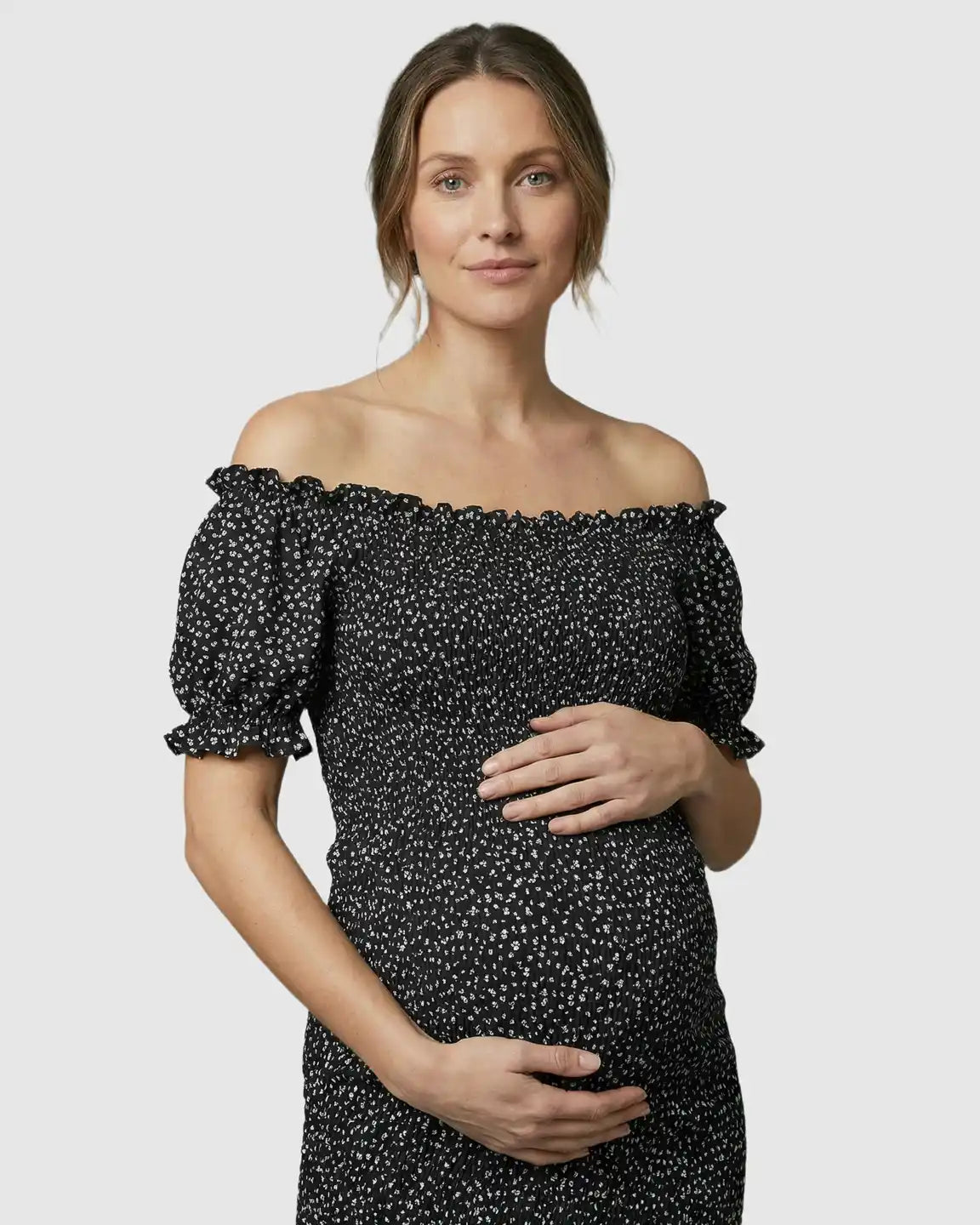 Fishtail Hem Smocked Maternity Midi Dress