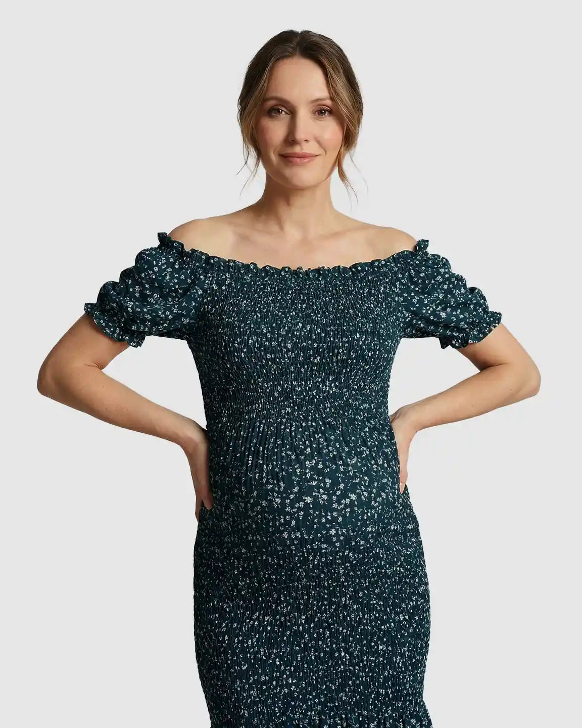 Puff Sleeve Smocked Maternity Midi Dress