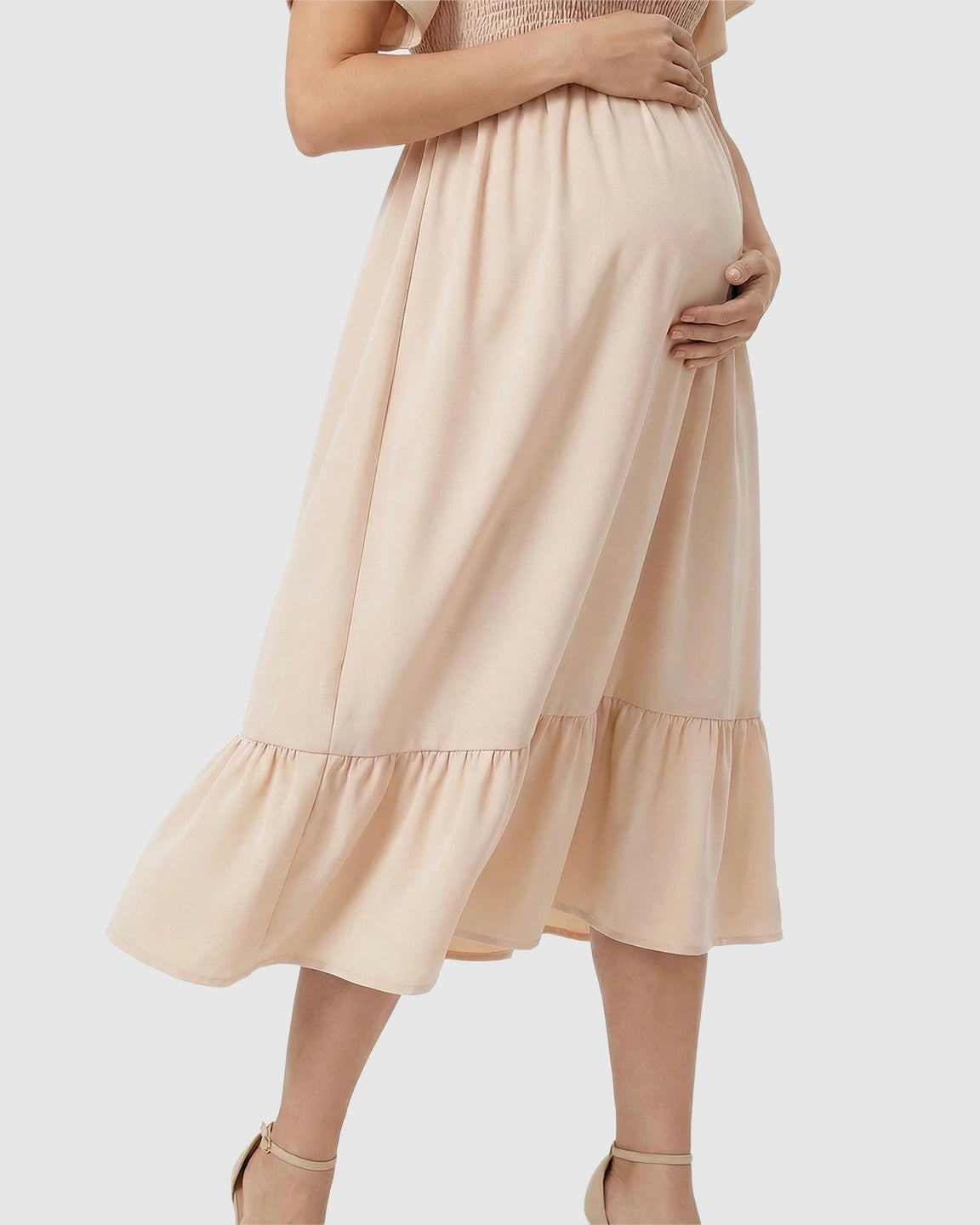 Flutter-Sleeve Smocked Maternity Midi Dress