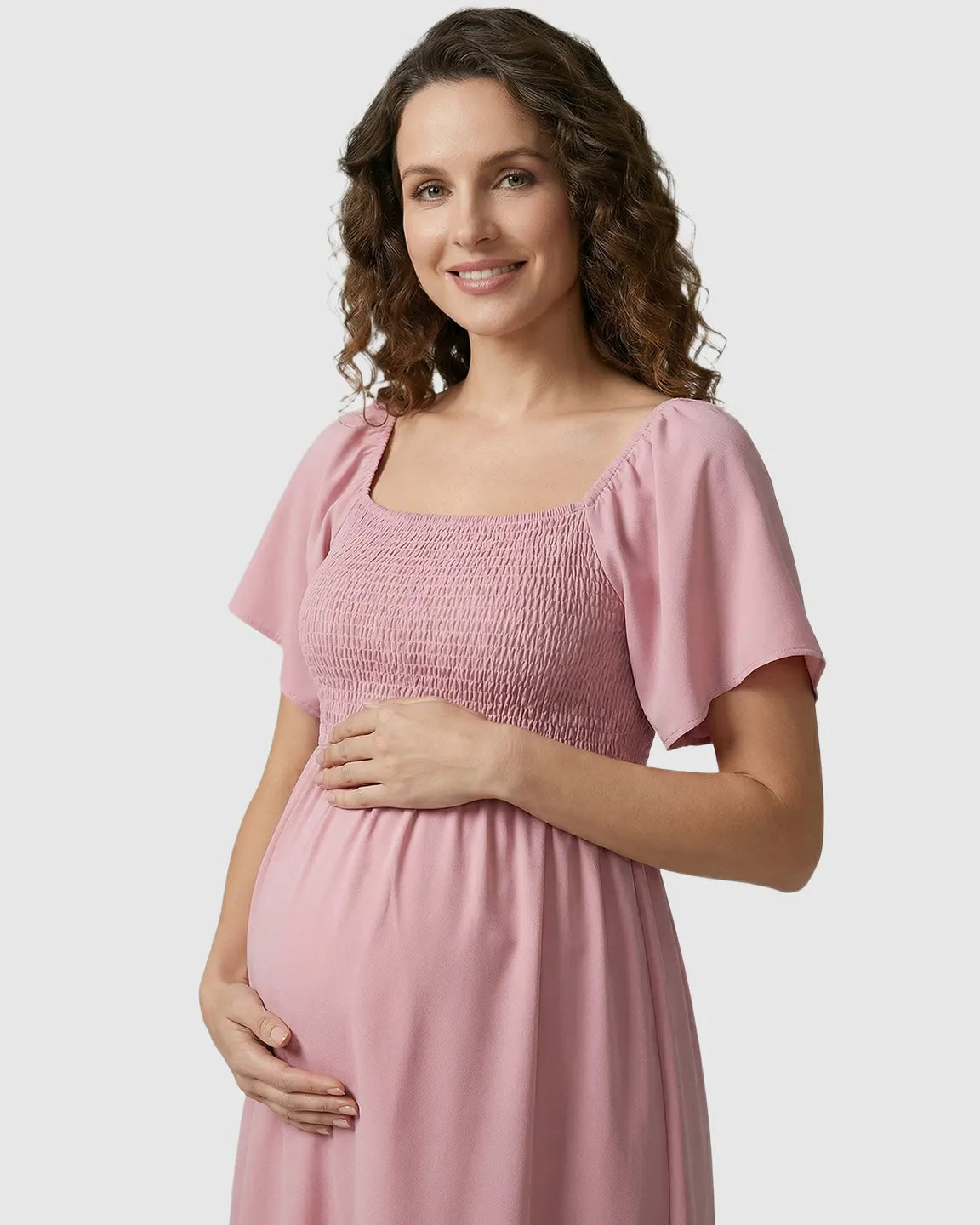 Flutter-Sleeve Smocked Maternity Midi Dress