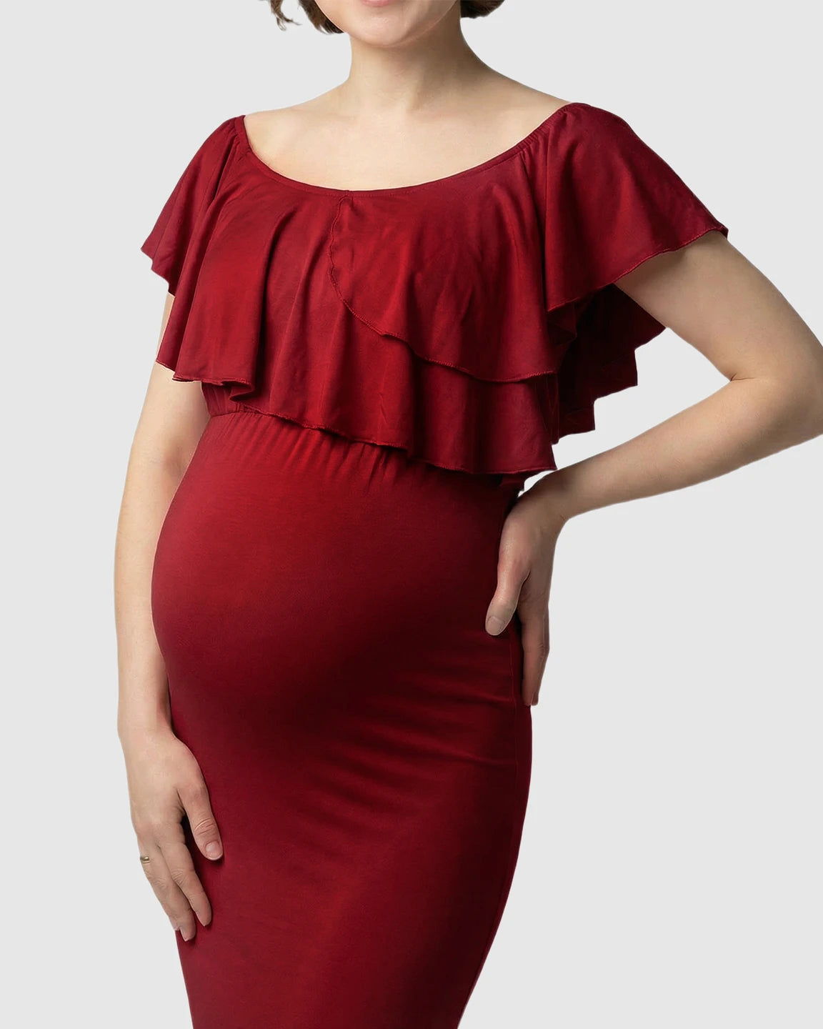 Ruffle-Off Shoulder Trailing Maternity Gown