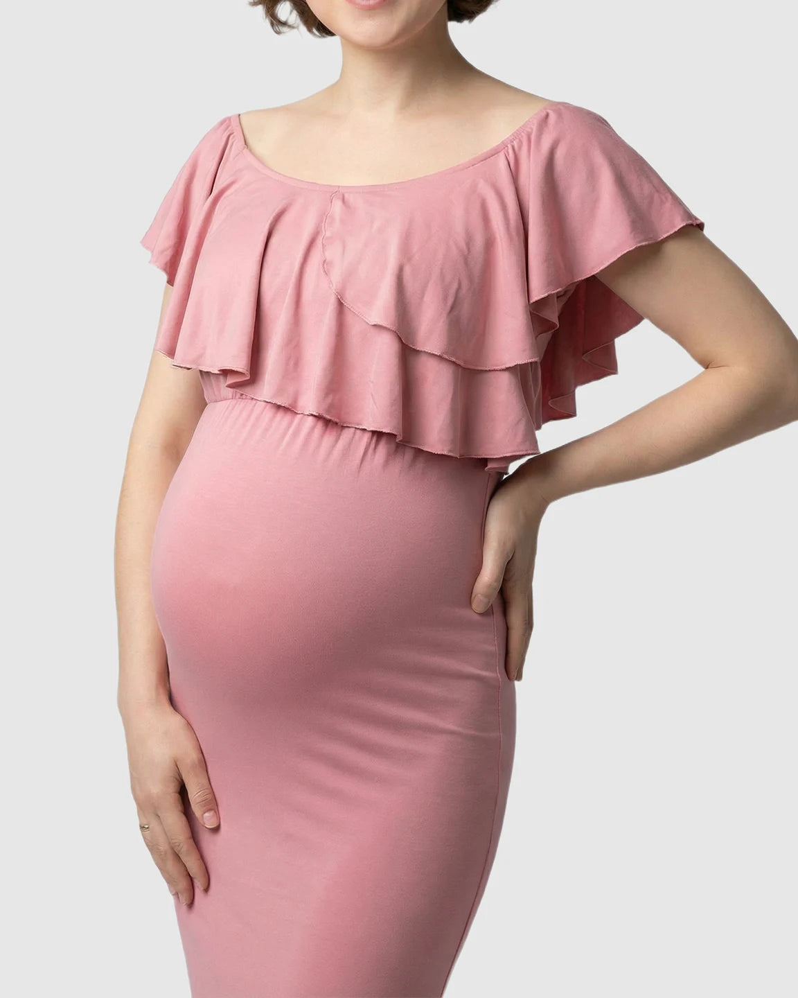 Ruffle-Off Shoulder Trailing Maternity Gown