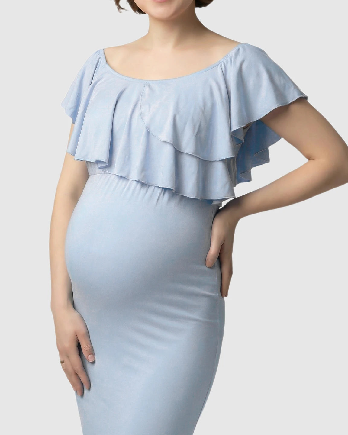 Ruffle-Off Shoulder Trailing Maternity Gown