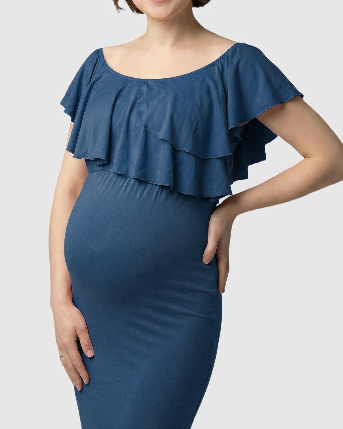Ruffle-Off Shoulder Trailing Maternity Gown