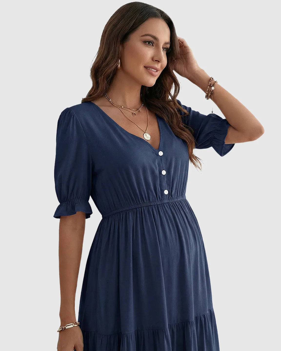 V-Neck Puff Sleeve Maternity Midi Dress