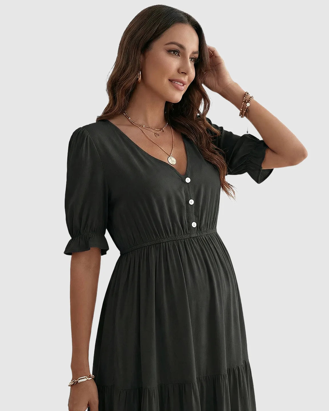 V-Neck Puff Sleeve Maternity Midi Dress