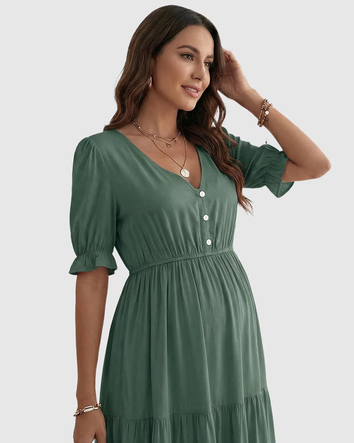 V-Neck Puff Sleeve Maternity Midi Dress