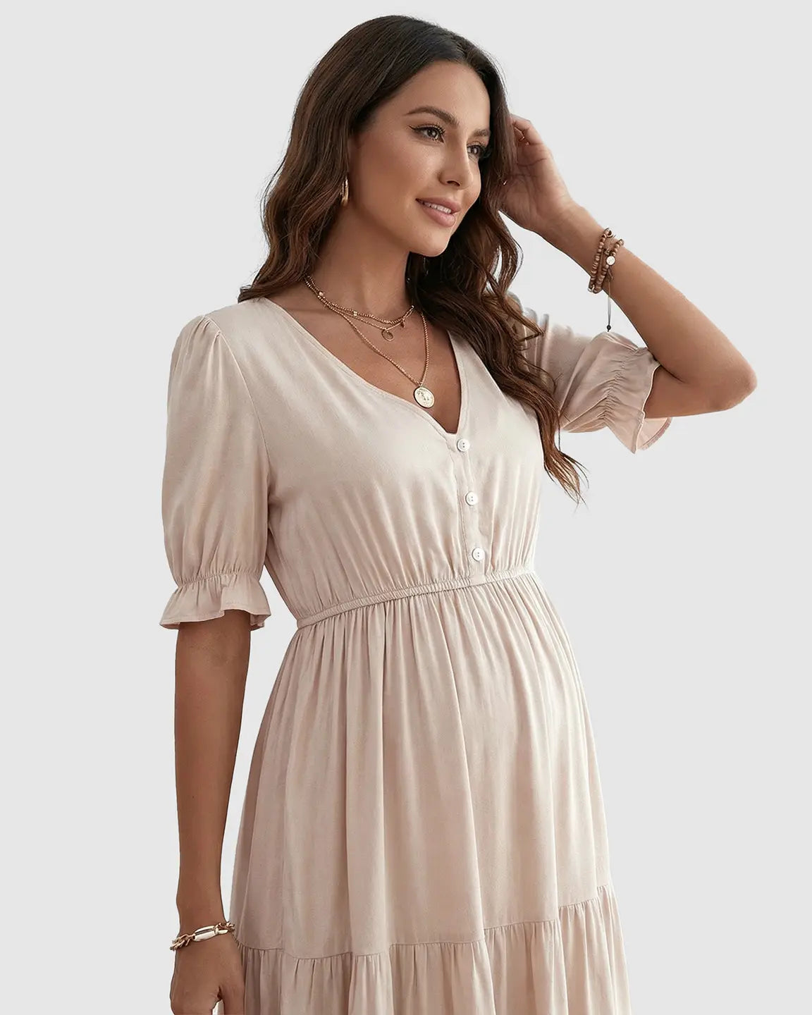 V-Neck Puff Sleeve Maternity Midi Dress