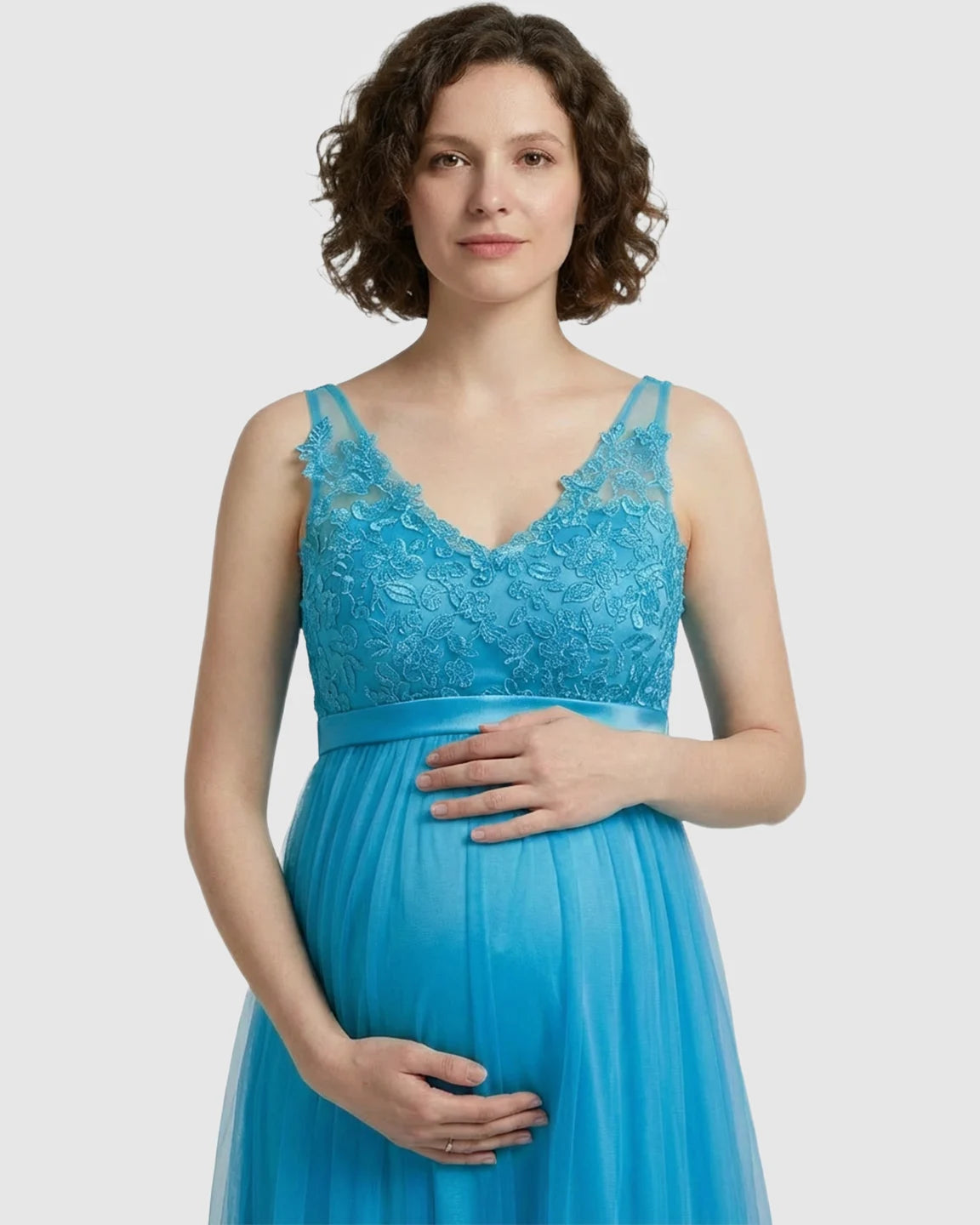 Lace-Trim Tulle Maternity Maxi Dress
