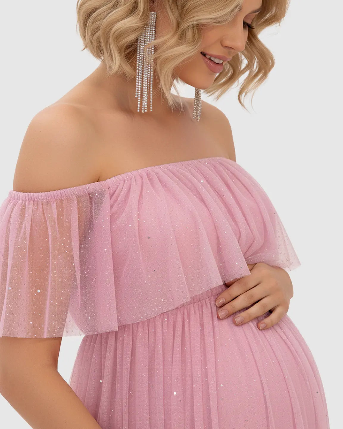 Off-Shoulder Mesh Empire Waist Maternity Maxi Dress
