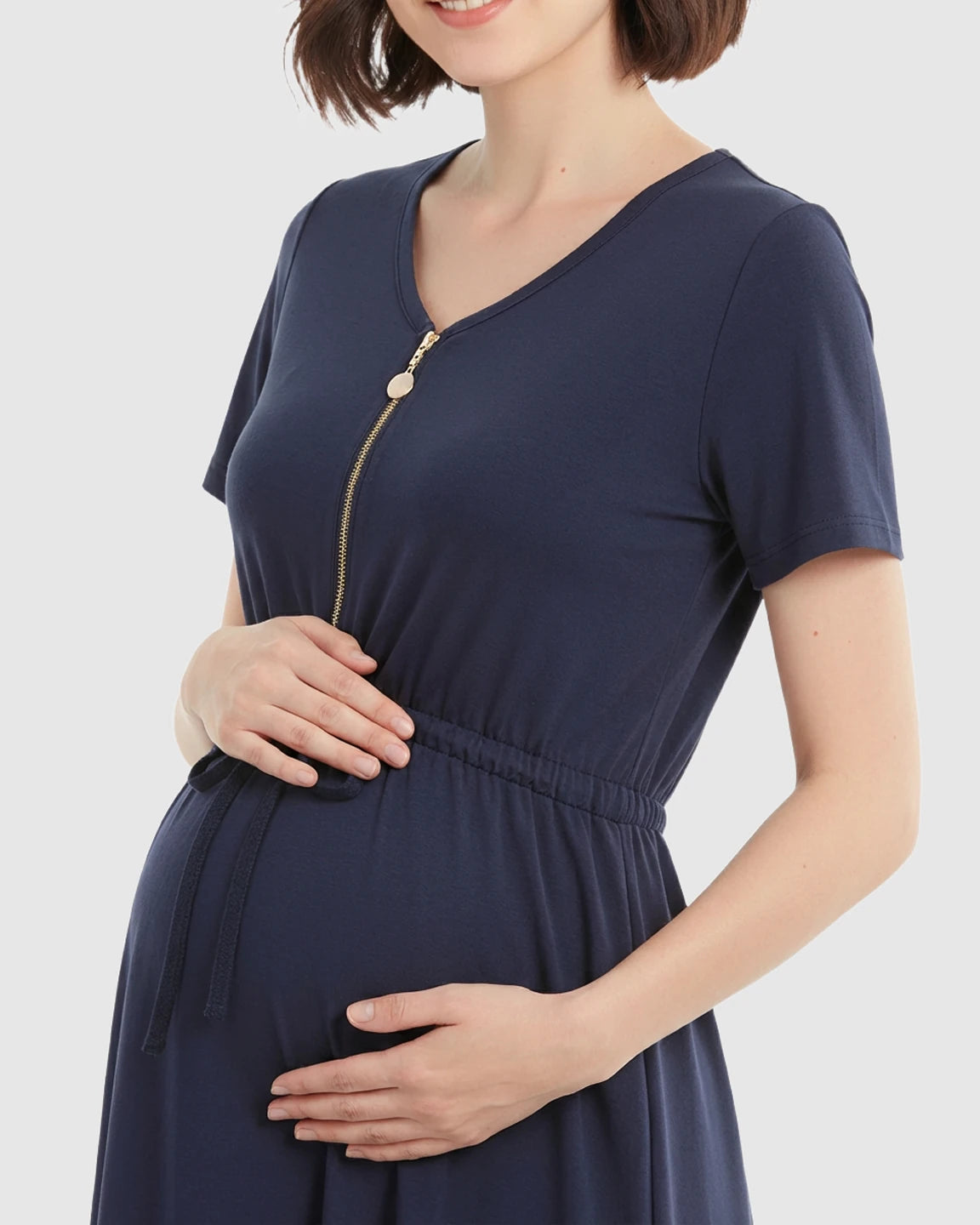 Zip-Up Nursing Drawstring-Waist Maternity Mini Dress