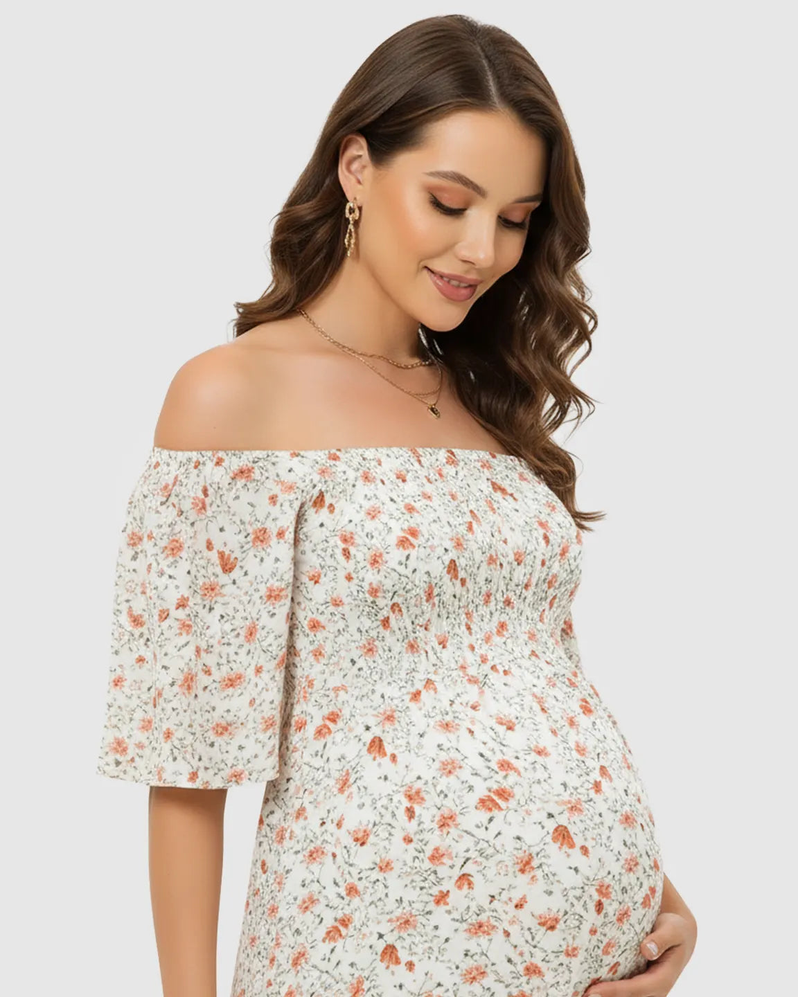 Off-Shoulder Boho Maternity Midi Dress