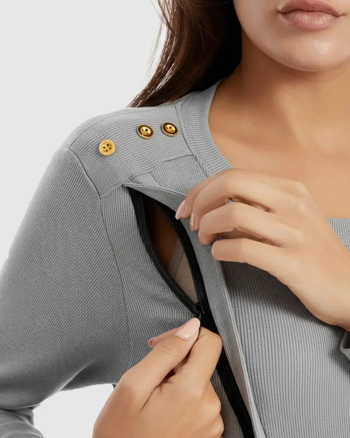 Ribbed Horizontal Zip-Feed Fitted Maternity Shirt