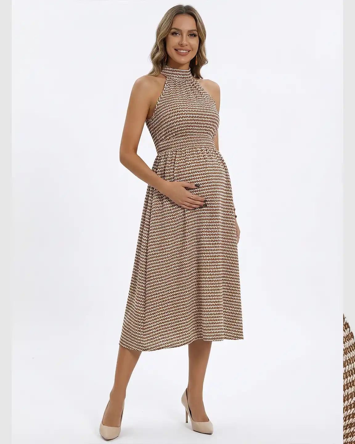 Halter Mock Neck Retro Maternity Midi Dress