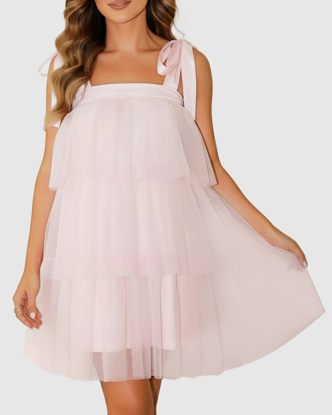 Bow-Tie Tulle Cake-Layer Maternity Mini Dress