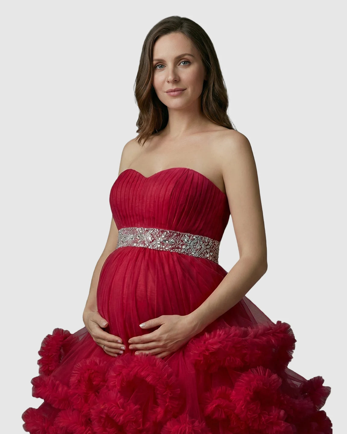 Strapless Bodice Multi-Layered Ruffled Skirt Maternity Photoshoot Dress