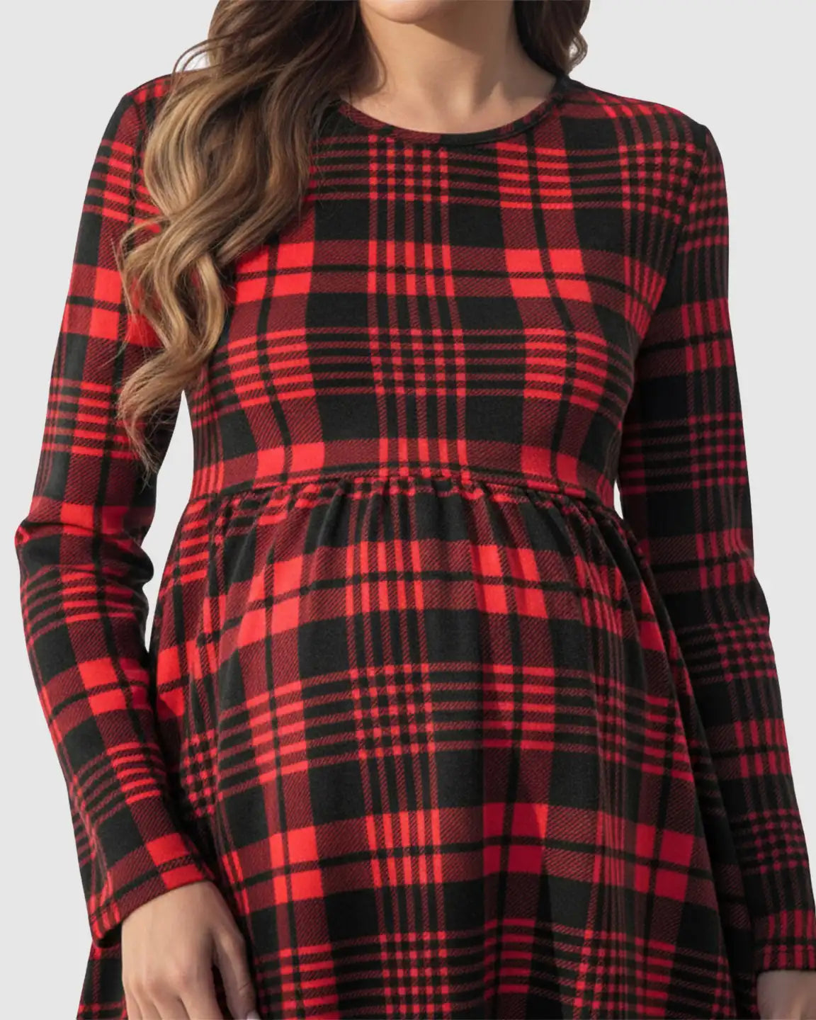 Red & Black Plaid Pattern A-Line Maternity Short Dress