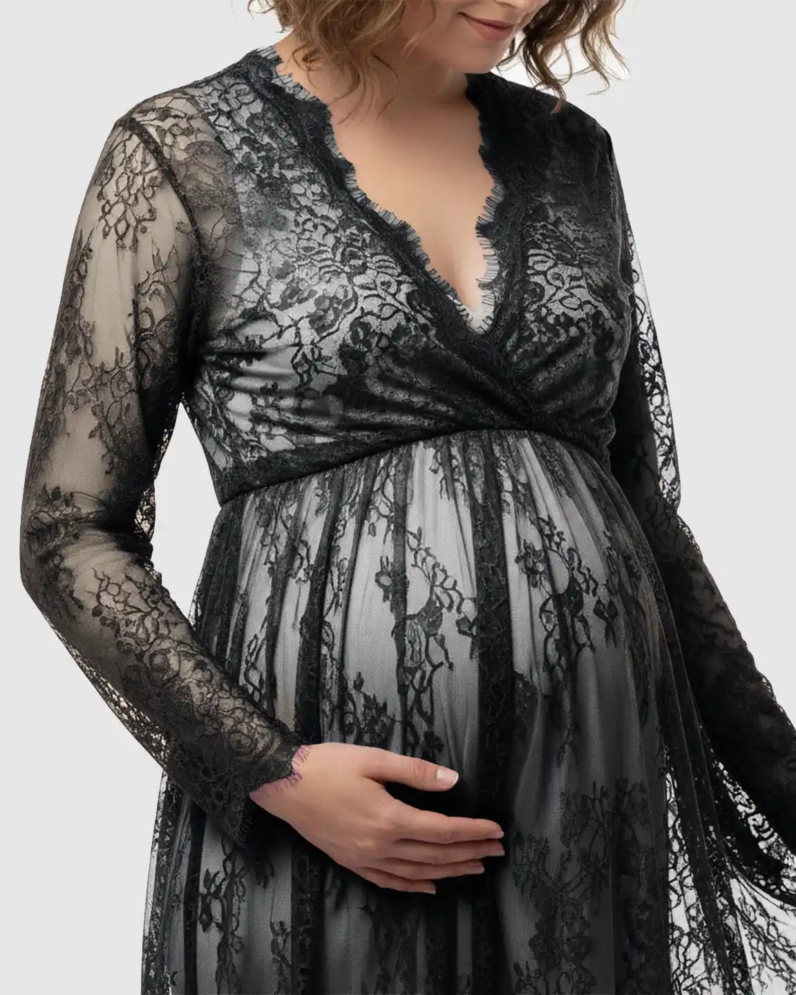 Sheer Floral Lace Empire Waist Maternity Maxi Dress
