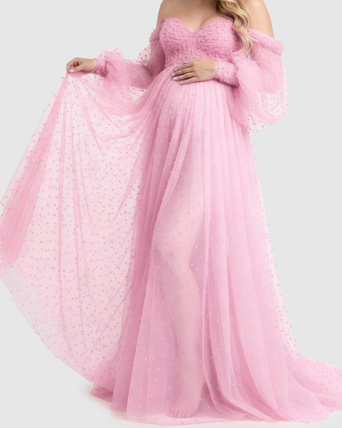 Off-Shoulder Tulle Train Maternity Gown
