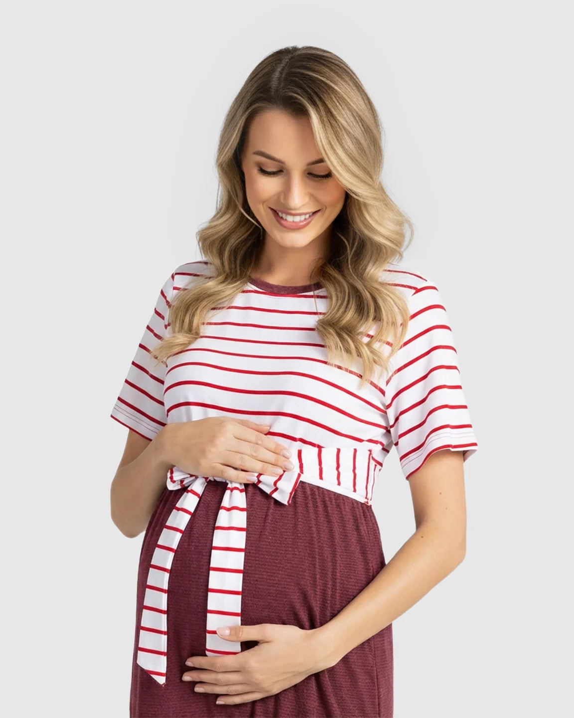 Striped Tie-Waist Casual Maternity Midi Dress