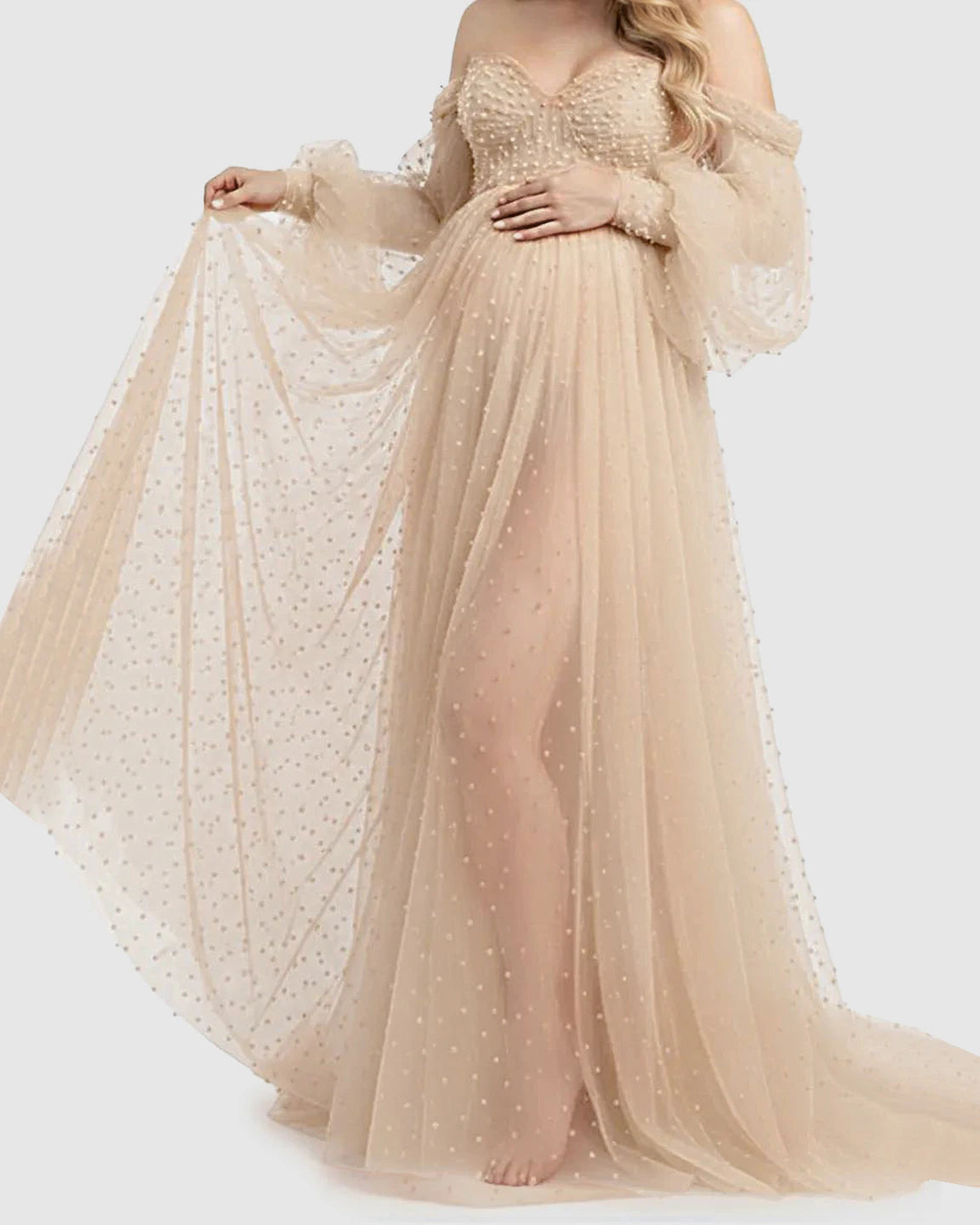 Off-Shoulder Tulle Train Maternity Gown