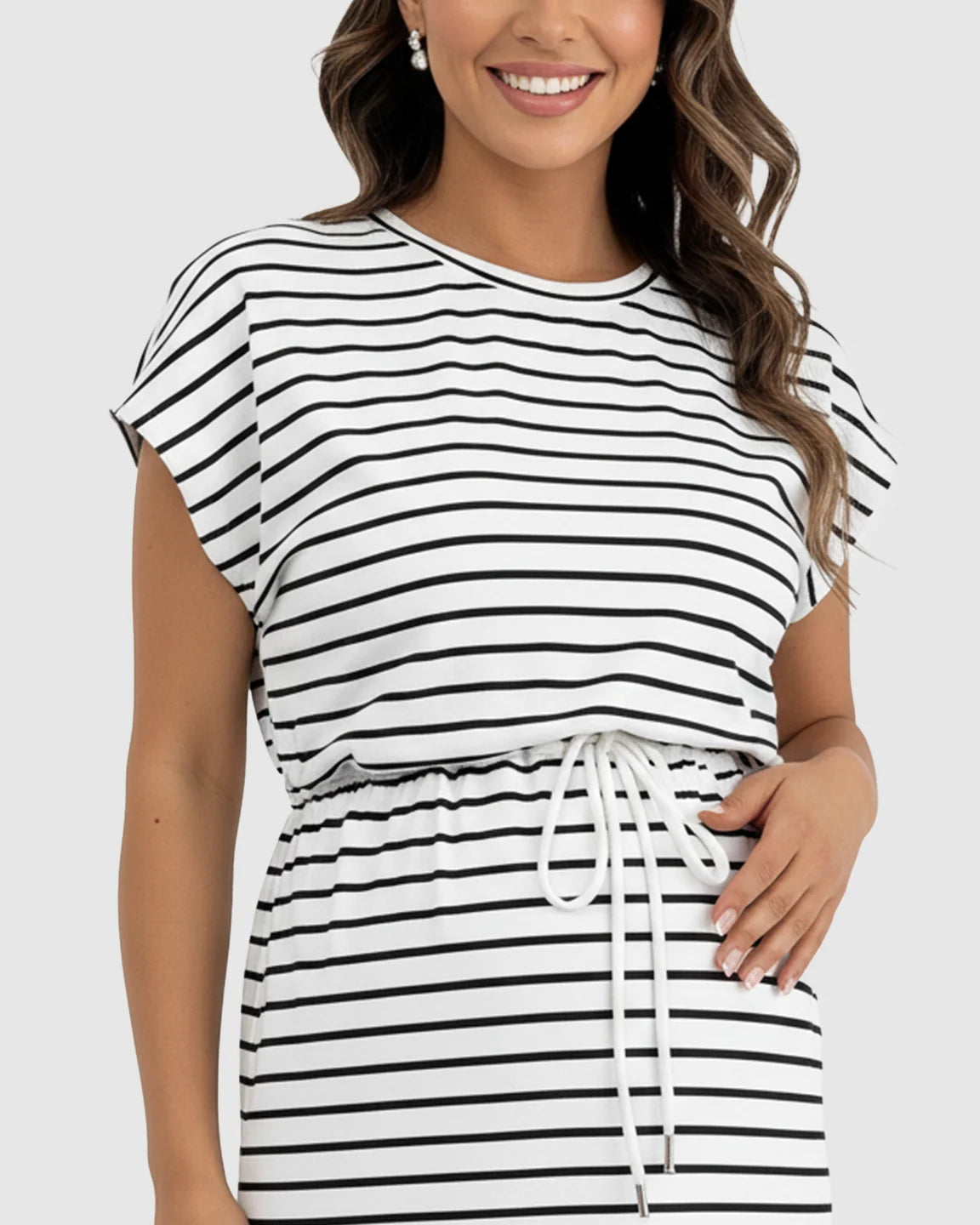 Striped Cap Sleeve Adjustable Maternity Midi Dress