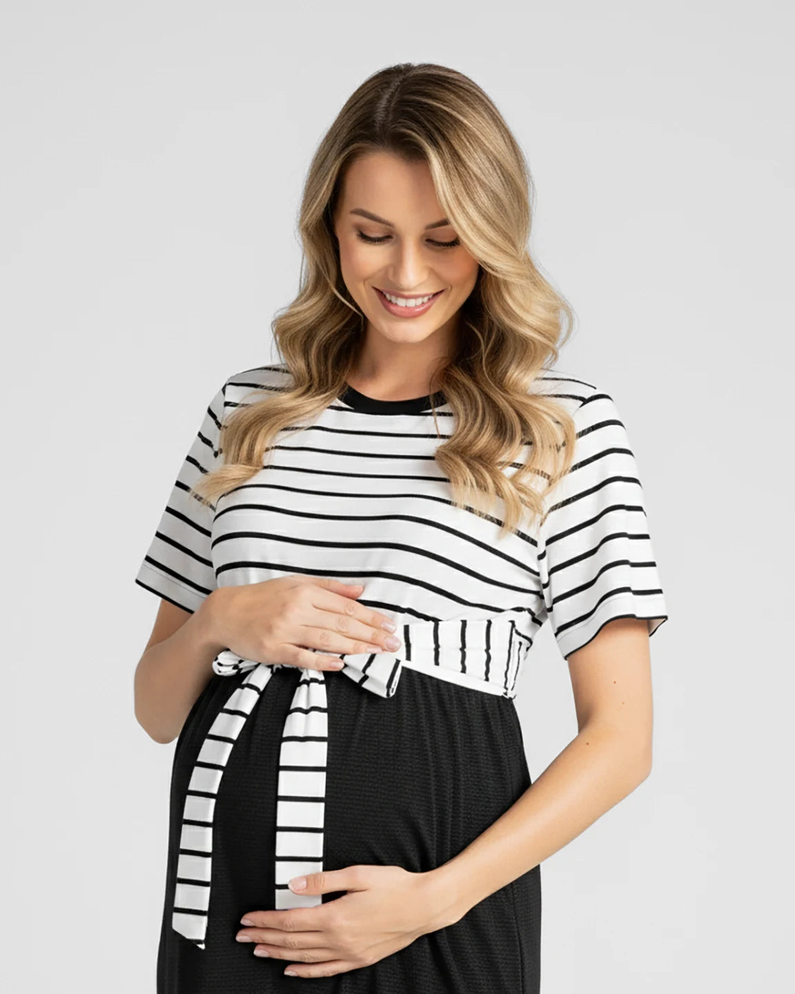 Striped Tie-Waist Casual Maternity Midi Dress