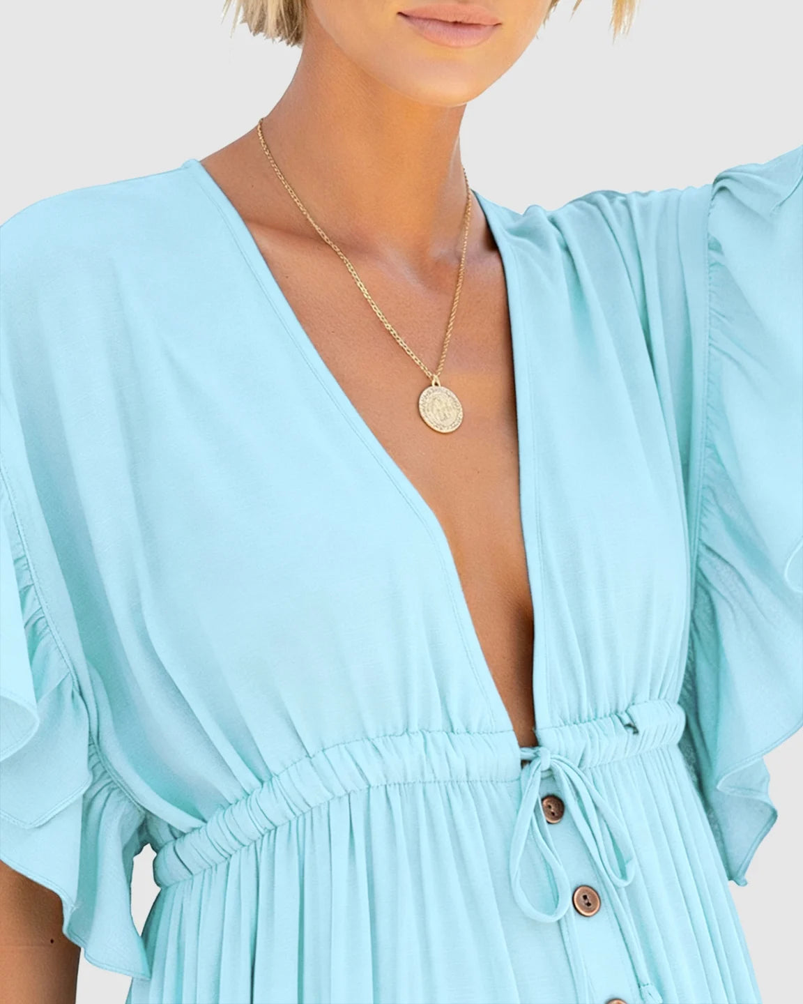 Button-Front Deep V Neck Maxi Beach Cover-Up Dress