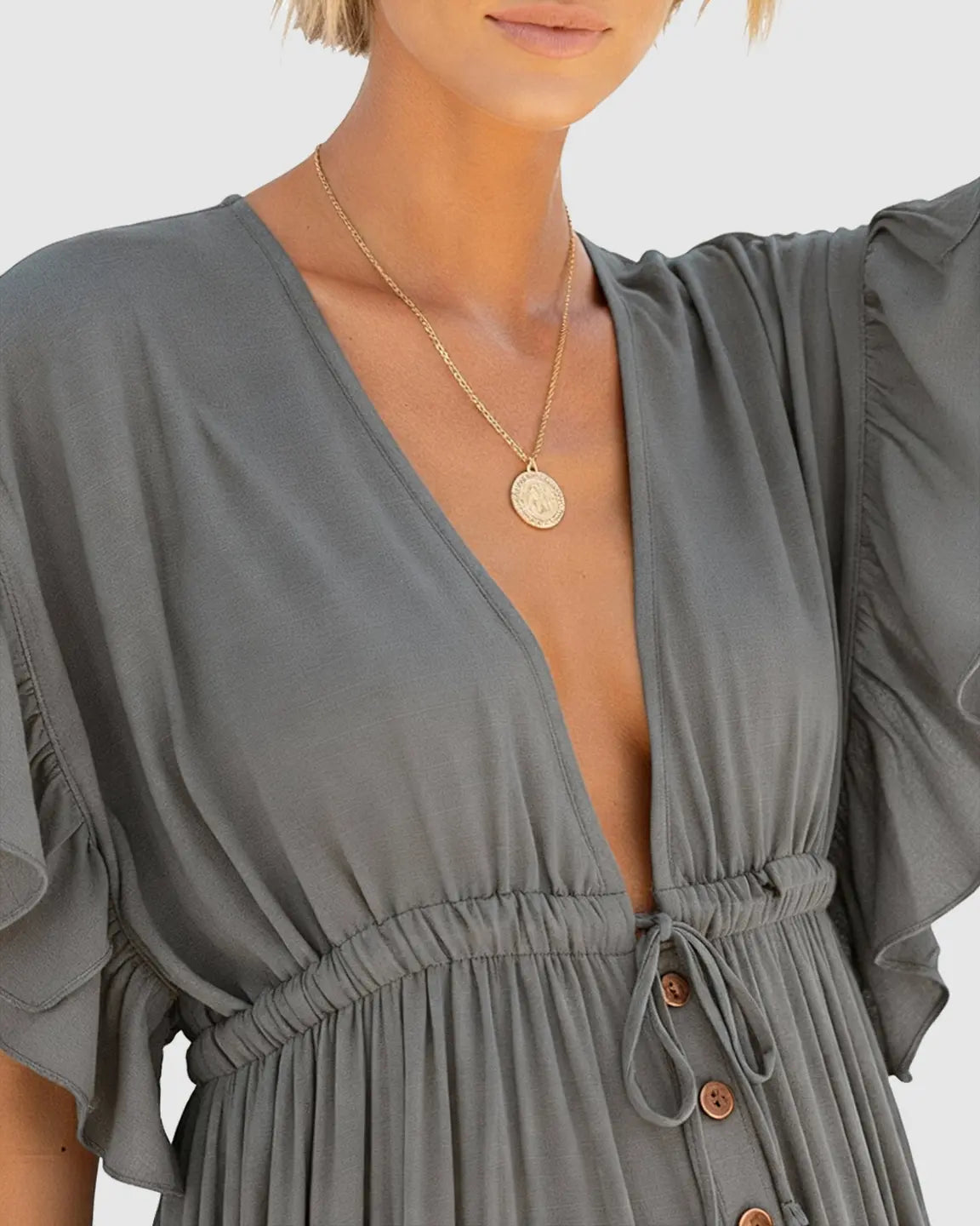 Button-Front Deep V Neck Maxi Beach Cover-Up Dress