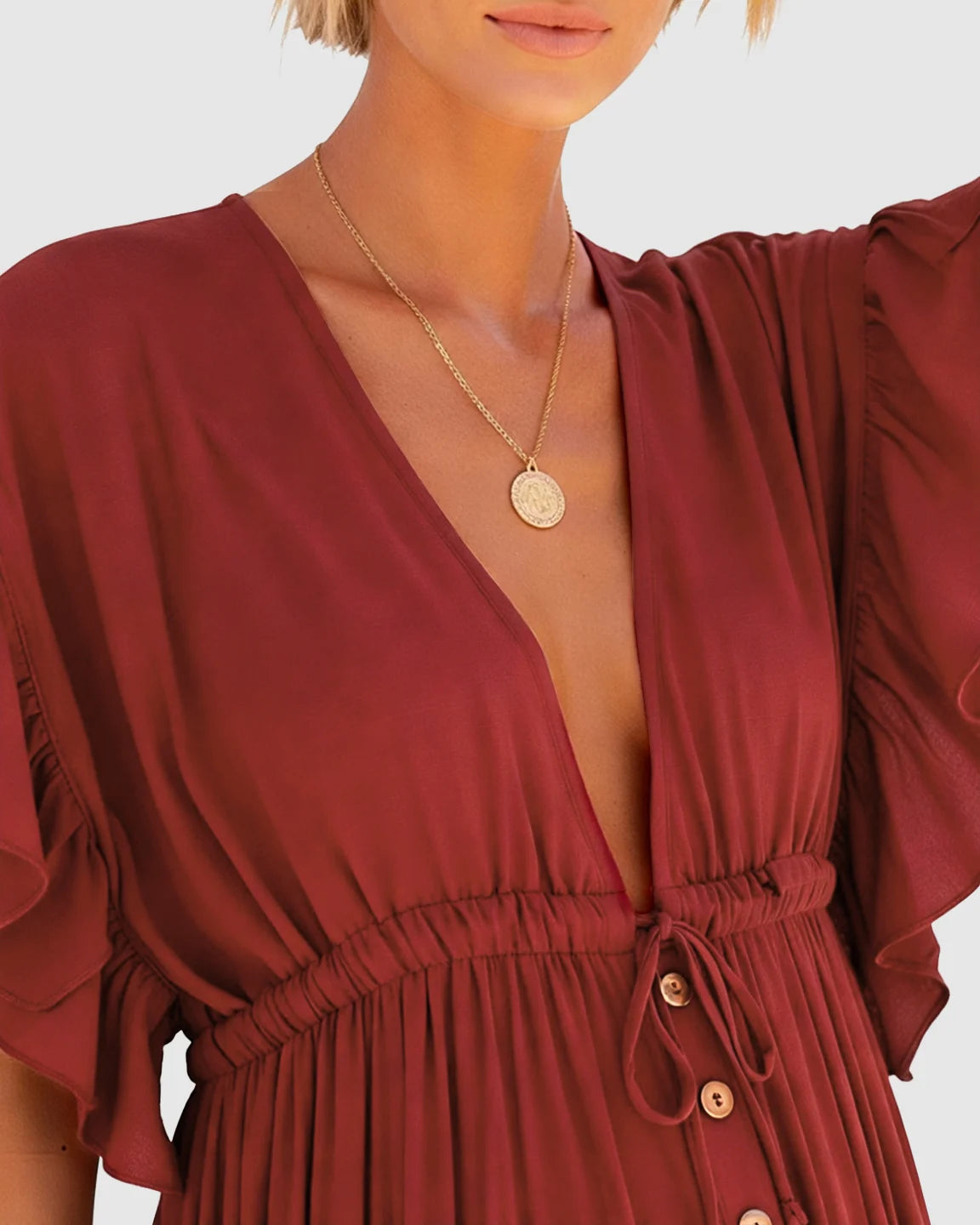 Button-Front Deep V Neck Maxi Beach Cover-Up Dress