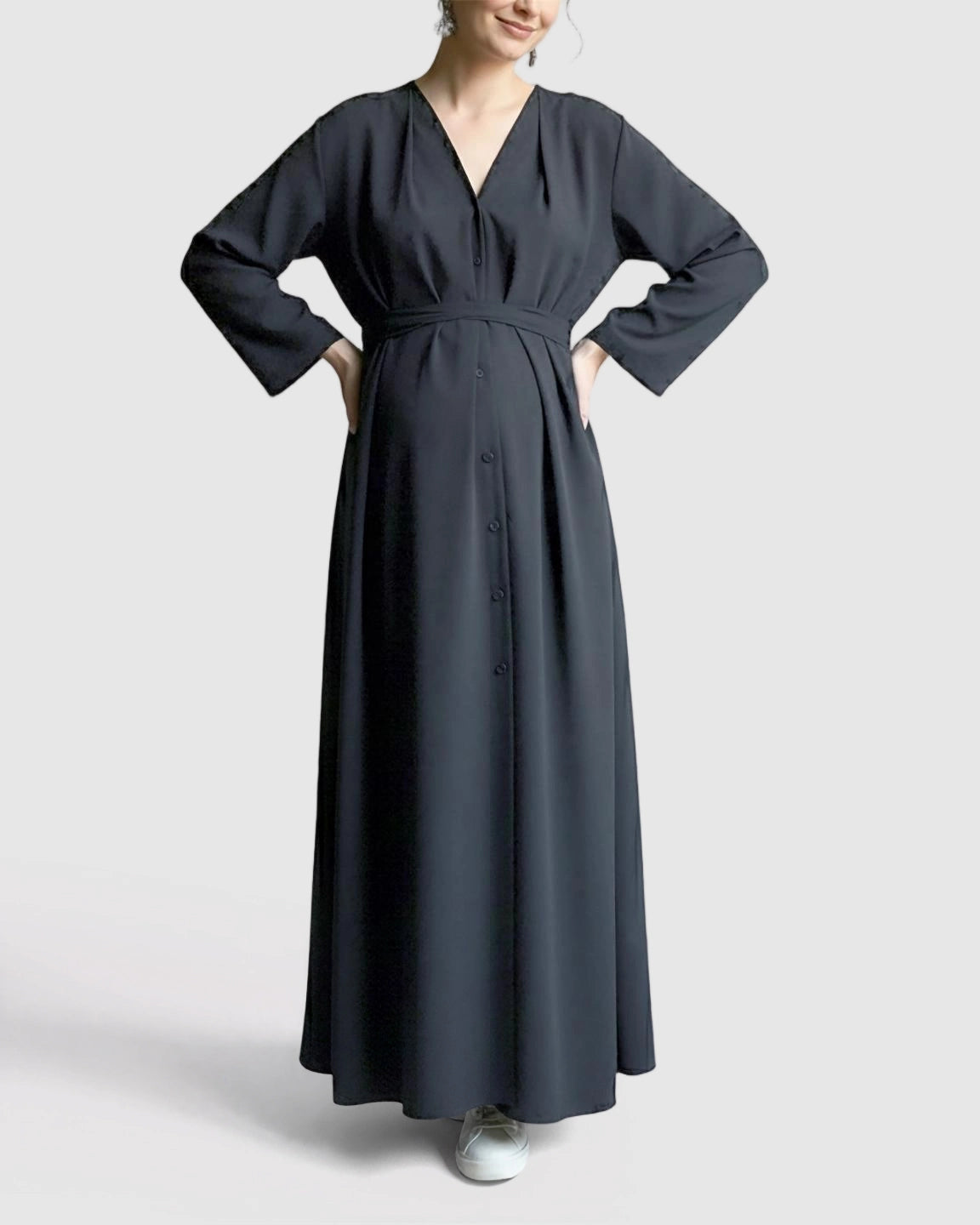 Long Sleeve V-Neck Maternity Maxi Dress with Adjustable Waist