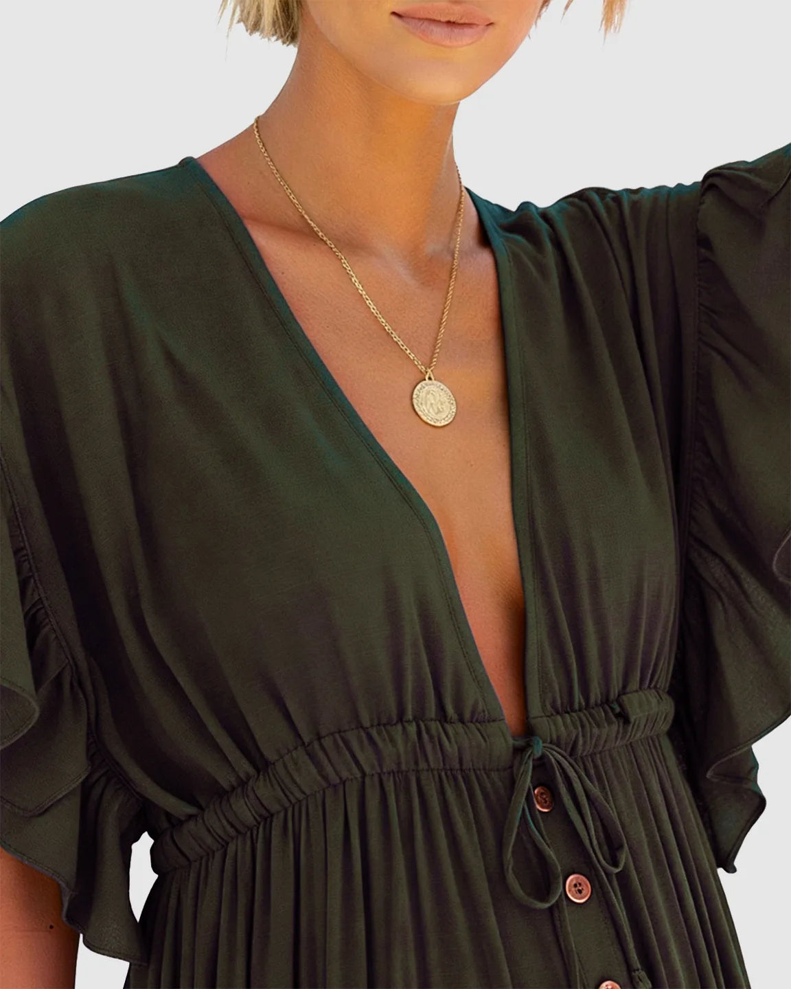Button-Front Deep V Neck Maxi Beach Cover-Up Dress