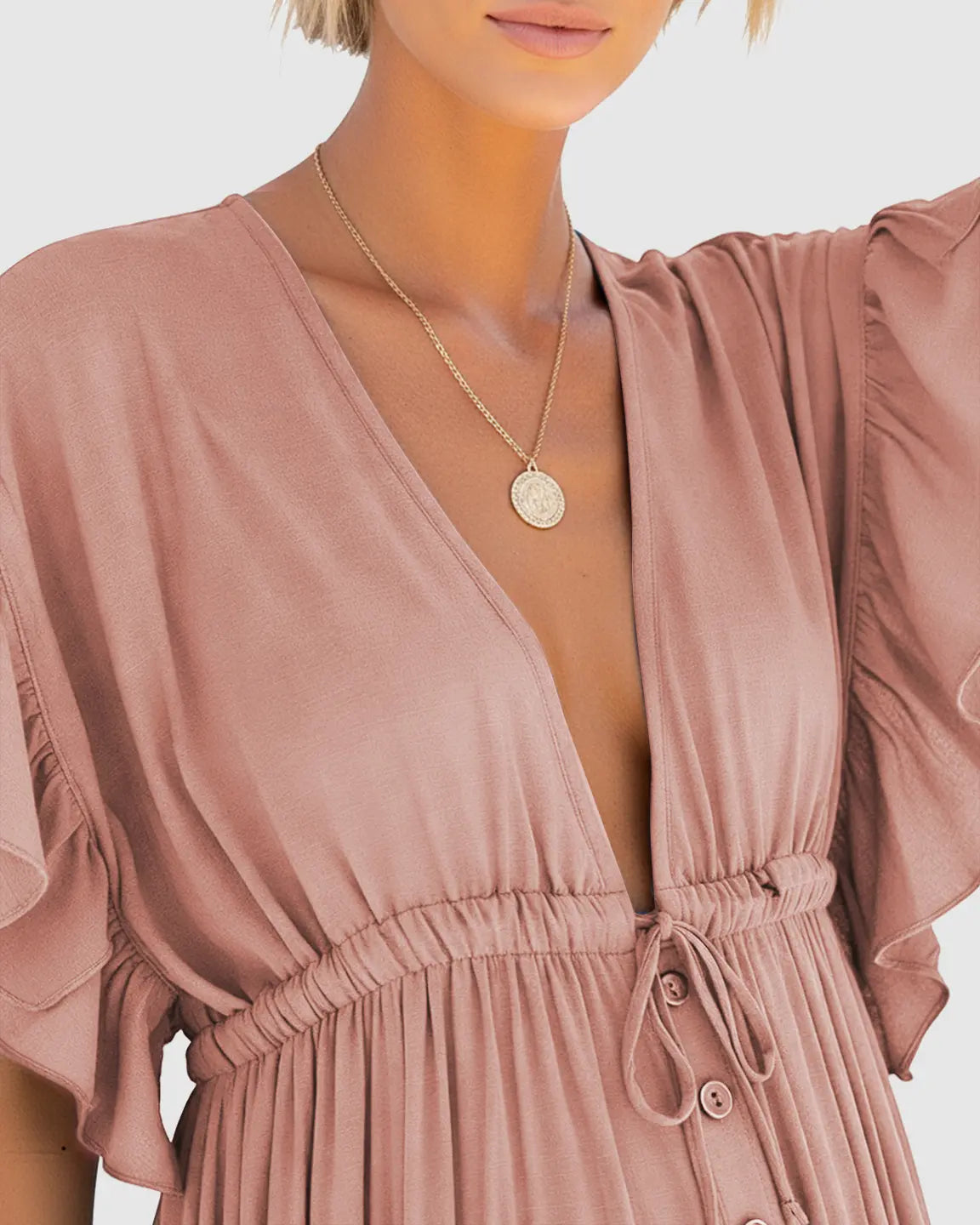 Button-Front Deep V Neck Maxi Beach Cover-Up Dress