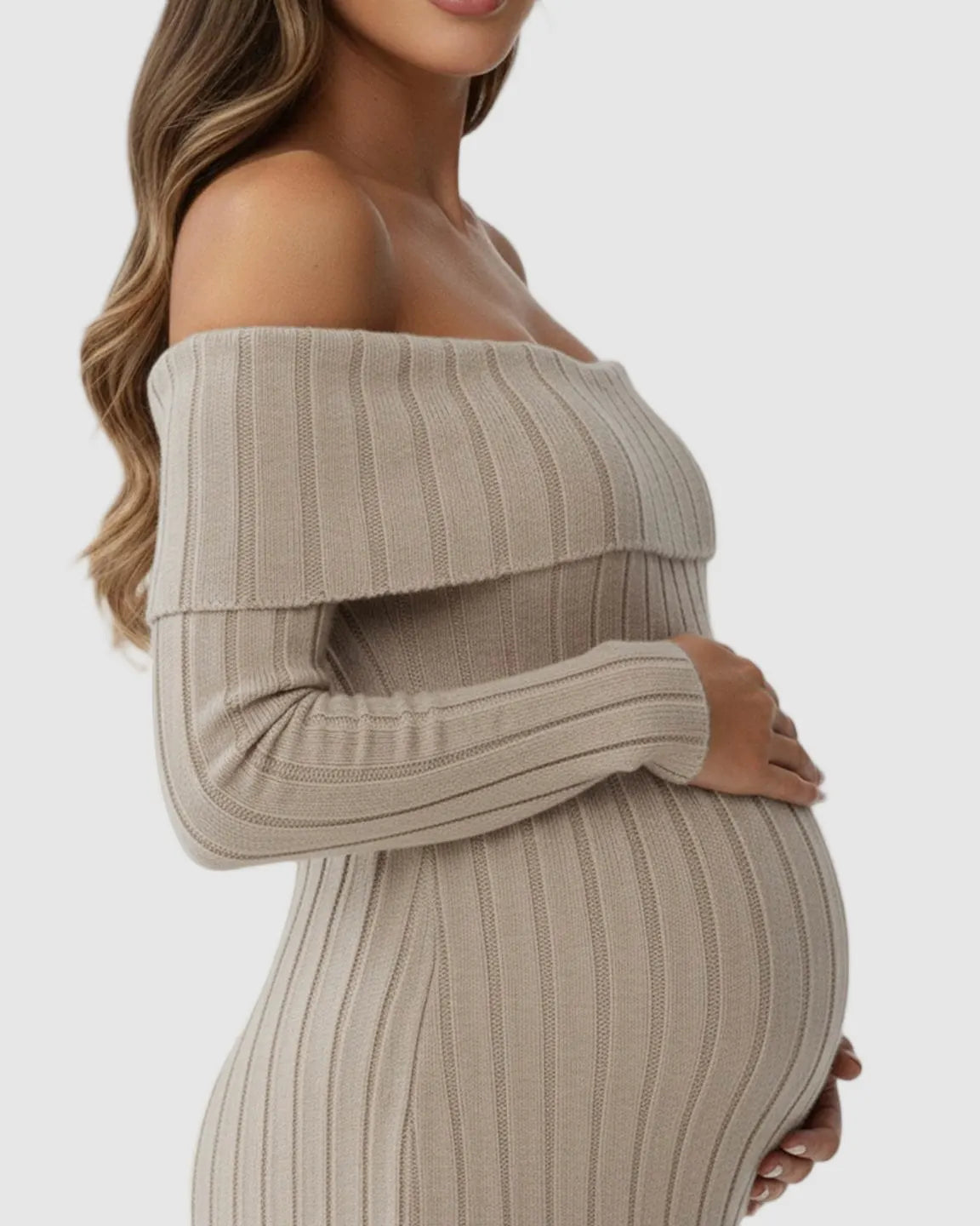 Ribbed Off-Shoulder Bodycon Maternity Midi Dress with Side Slit
