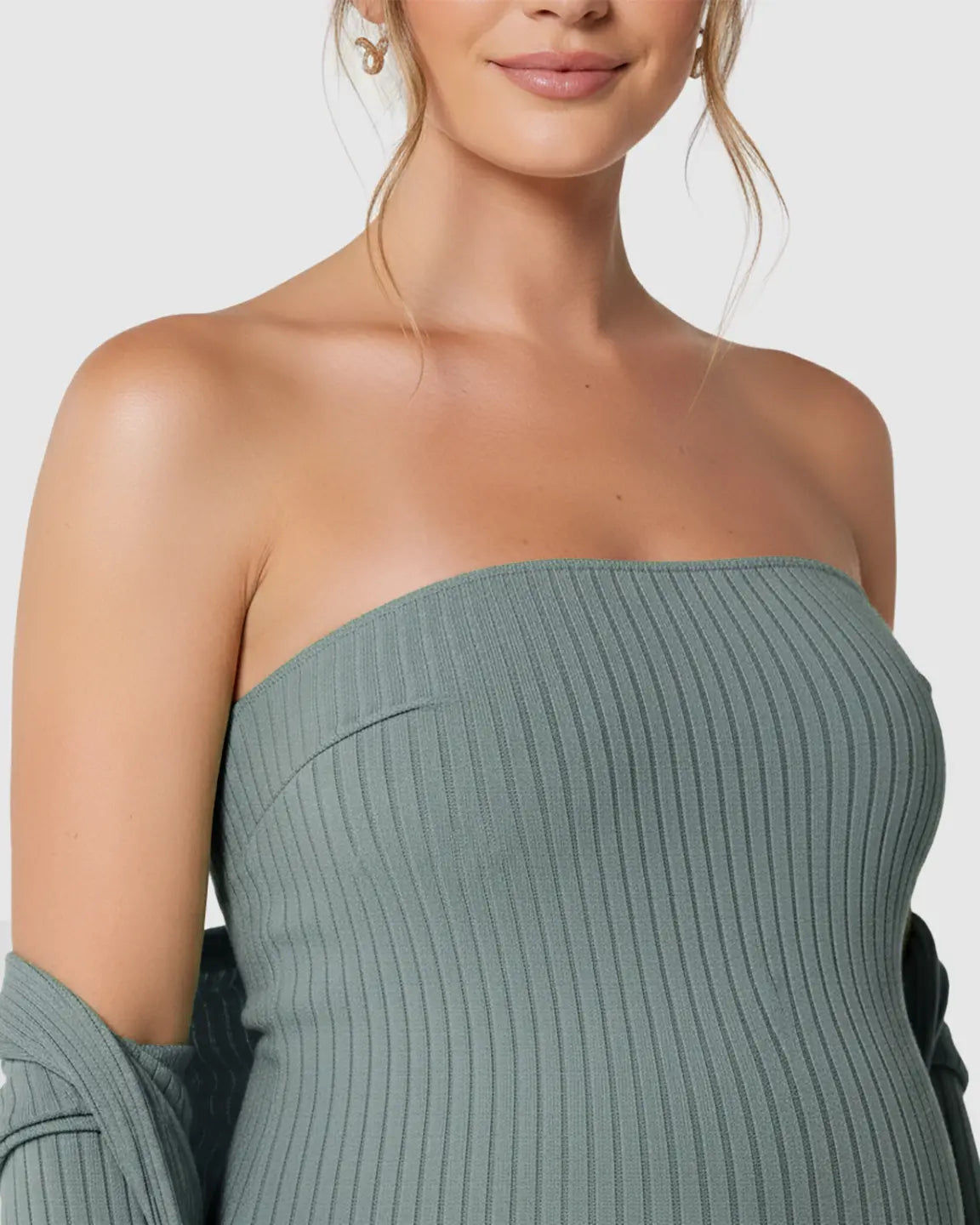 Elegant Ribbed Two-Piece Maternity Dress with Cardigan