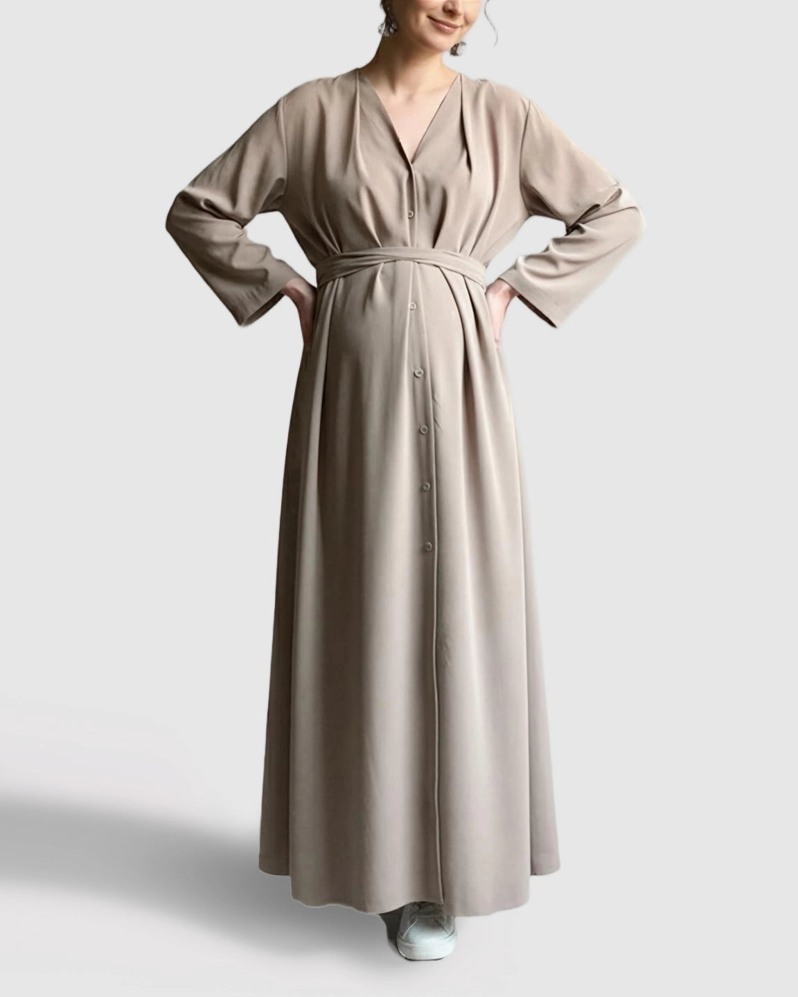 Long Sleeve V-Neck Maternity Maxi Dress with Adjustable Waist