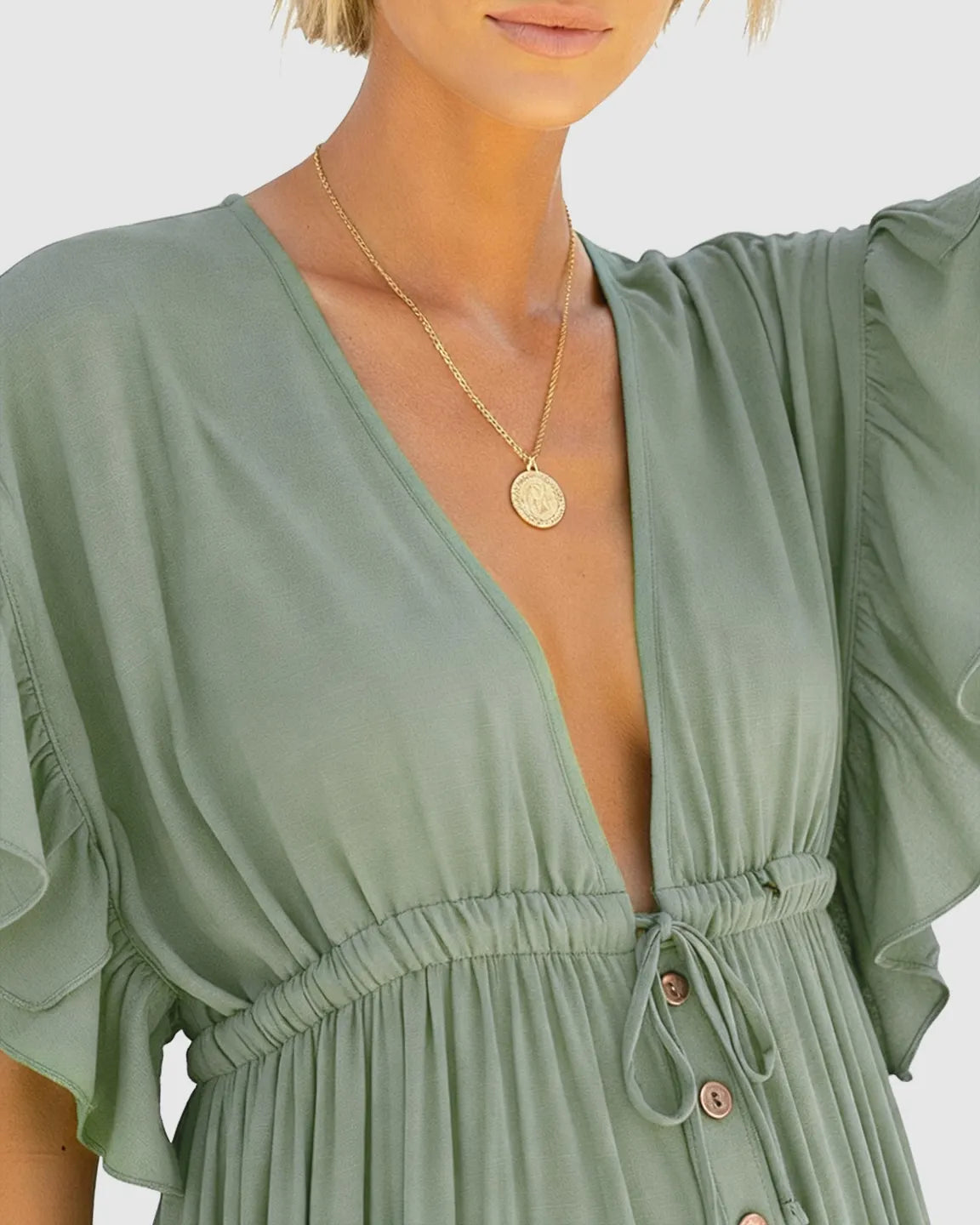 Button-Front Deep V Neck Maxi Beach Cover-Up Dress