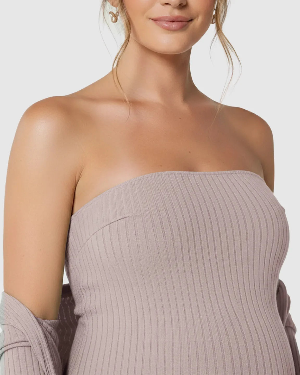 Elegant Ribbed Two-Piece Maternity Dress with Cardigan