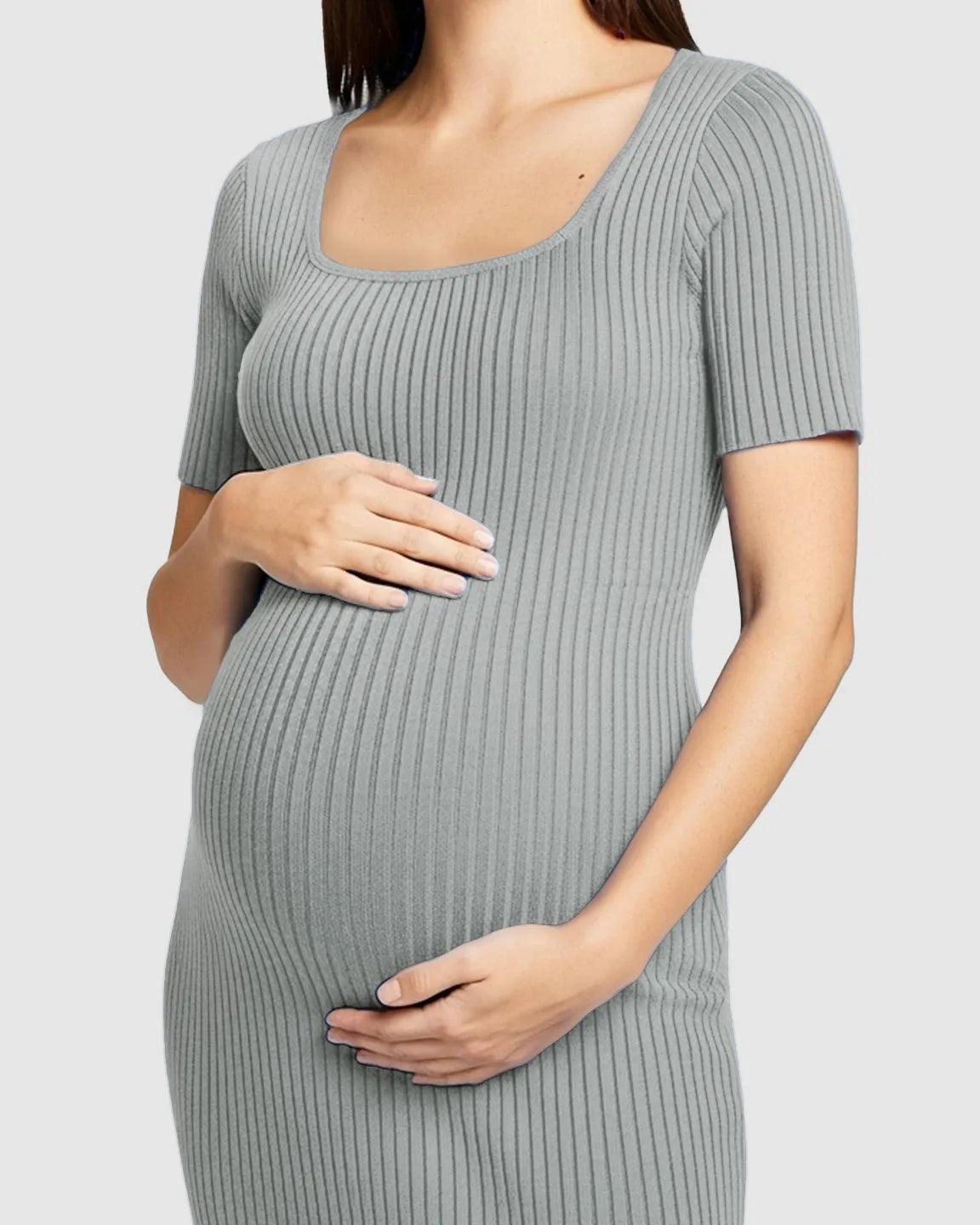 Ribbed Knit Square Neck Bodycon Maternity Midi Dress