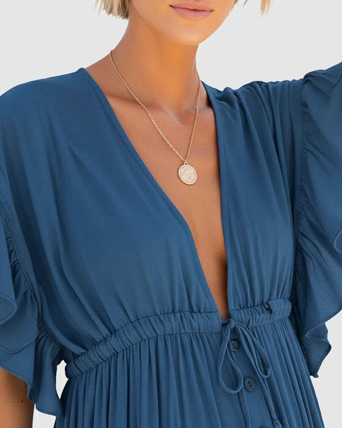 Button-Front Deep V Neck Maxi Beach Cover-Up Dress