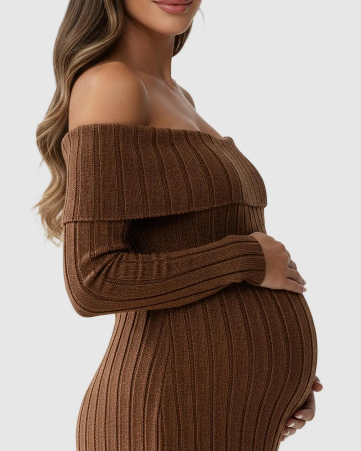 Ribbed Off-Shoulder Bodycon Maternity Midi Dress with Side Slit