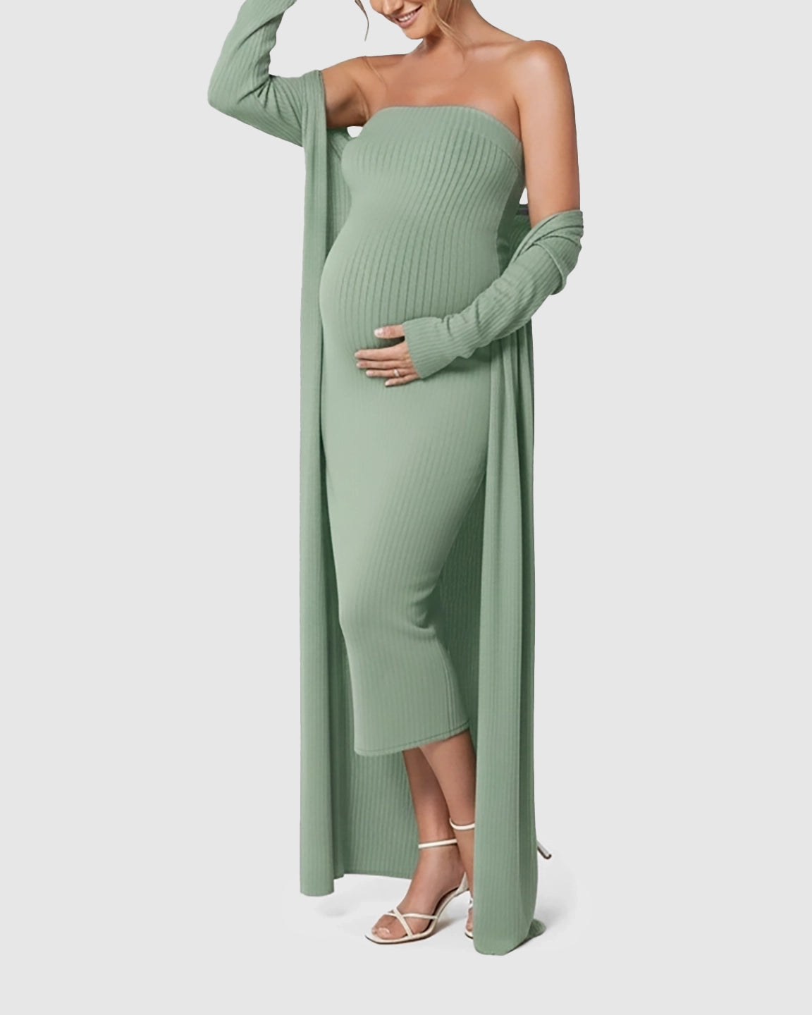 Elegant Ribbed Two-Piece Maternity Dress with Cardigan