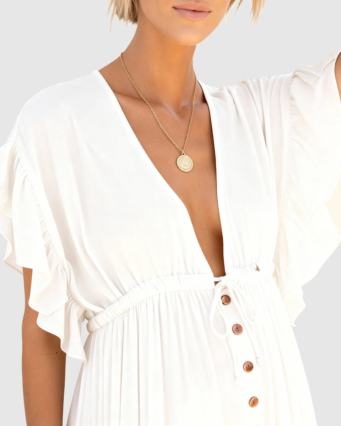 Button-Front Deep V Neck Maxi Beach Cover-Up Dress