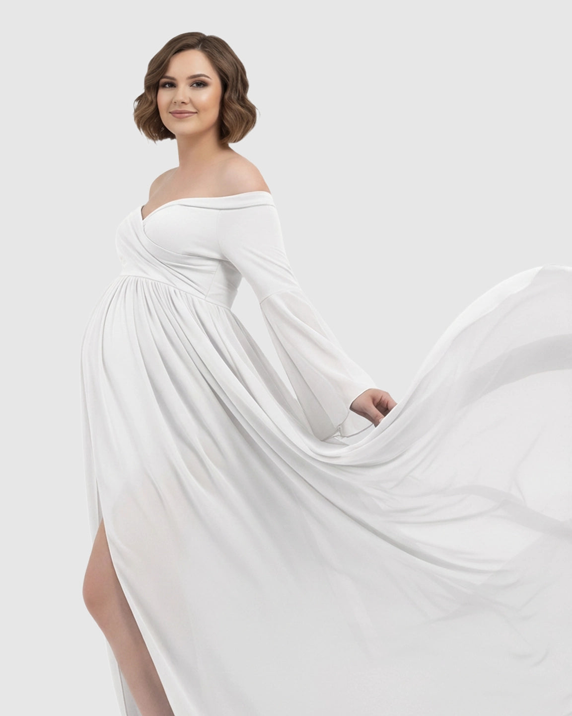 Bell Sleeves Super Long Train Maternity Photoshoot Gown