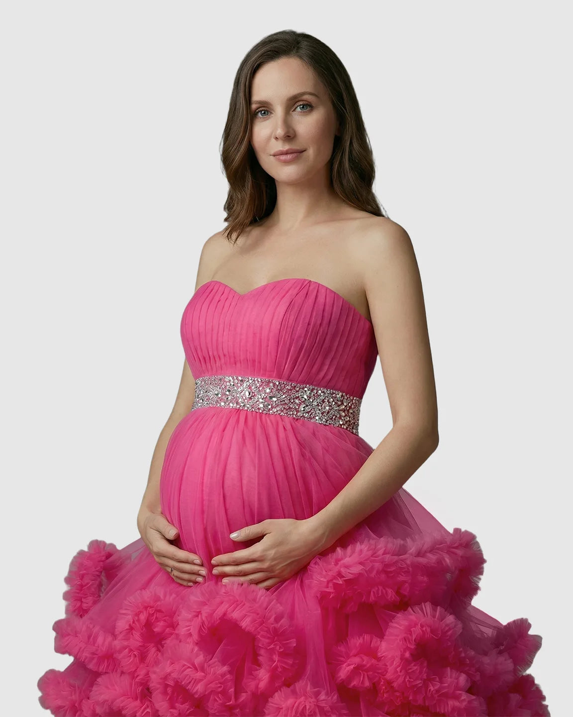 Strapless Bodice Multi-Layered Ruffled Skirt Maternity Photoshoot Dress