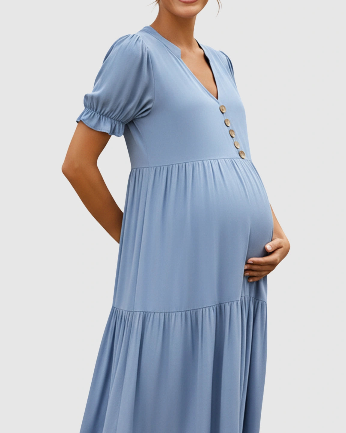 Stand-up Collar Tiered Skirt Maternity Midi Dress